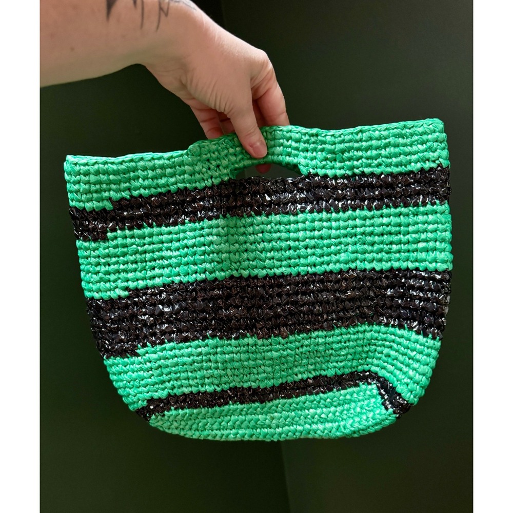Handmade Plastic Bag Woven Black and Green Striped Purse